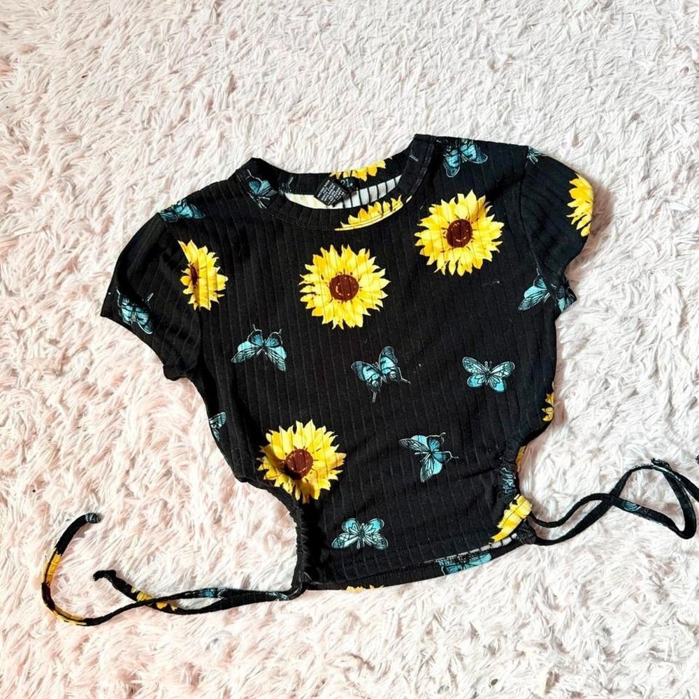 Y2K Cottage Core Butterfly Nostalgia Sunflower Ribbed Cutout Crop Top Womens XS